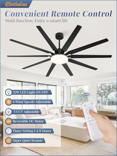 Fanbulous 72 inch Large Ceiling Fans with Lights and Remote, Outdoor Black Ceiling Fan with 10 Blades, 32W LED light 3 CCT, 6 Speed Reversible Quiet DC Motor, Modern Ceiling Fan for Living Room Patio - Image 2