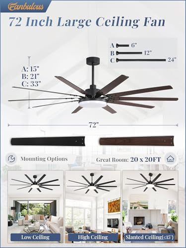 Fanbulous 72 inch Large Ceiling Fans with Lights and Remote, Outdoor Black Ceiling Fan with 10 Blades, 32W LED light 3 CCT, 6 Speed Reversible Quiet DC Motor, Modern Ceiling Fan for Living Room Patio - Image 5