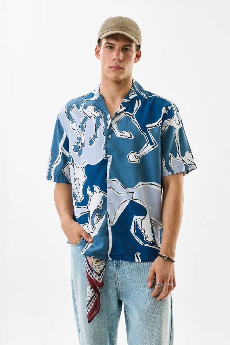 سنيتش Blue Graphic Half Sleeve Boxy Shirt