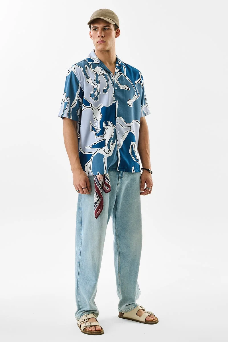 سنيتش Blue Graphic Half Sleeve Boxy Shirt