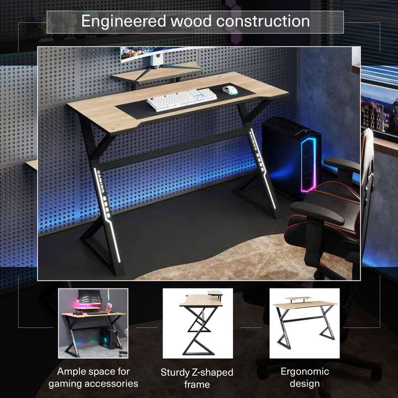 Pan Home Gaming Desk Natural and Black for Gamers