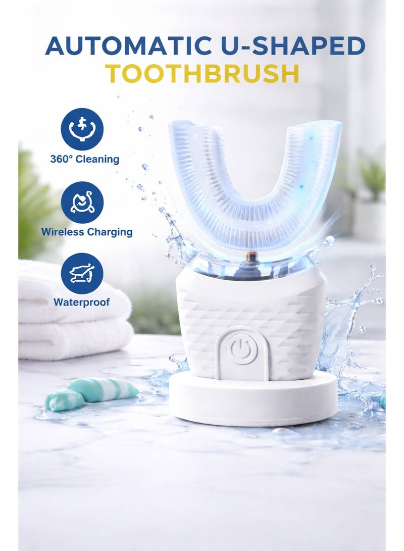 فرشاة أسنان كهربائية على شكل U للبالغين – 4 وضعيات، إضاءة LED للتبييض، شحن لاسلكي، مؤقت ذكي، مناسبة للسفر والمنزل - Image 1