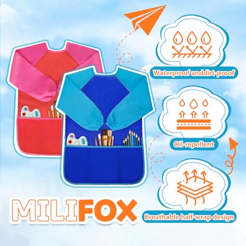 Milifox 2 Pack Kids Art Smock, Toddler Painting Smock,Waterproof Long Sleeve Kids Art Apron with 3 Pockets for Children - Image 4