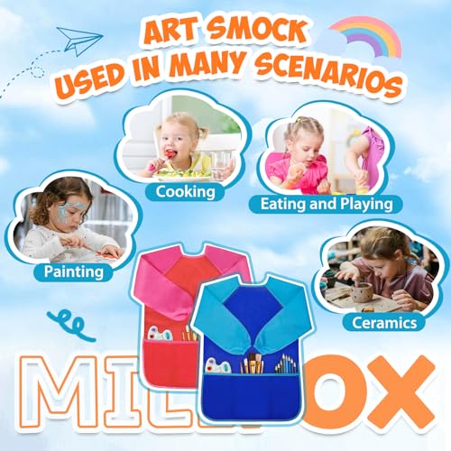 Milifox 2 Pack Kids Art Smock, Toddler Painting Smock,Waterproof Long Sleeve Kids Art Apron with 3 Pockets for Children - Image 5