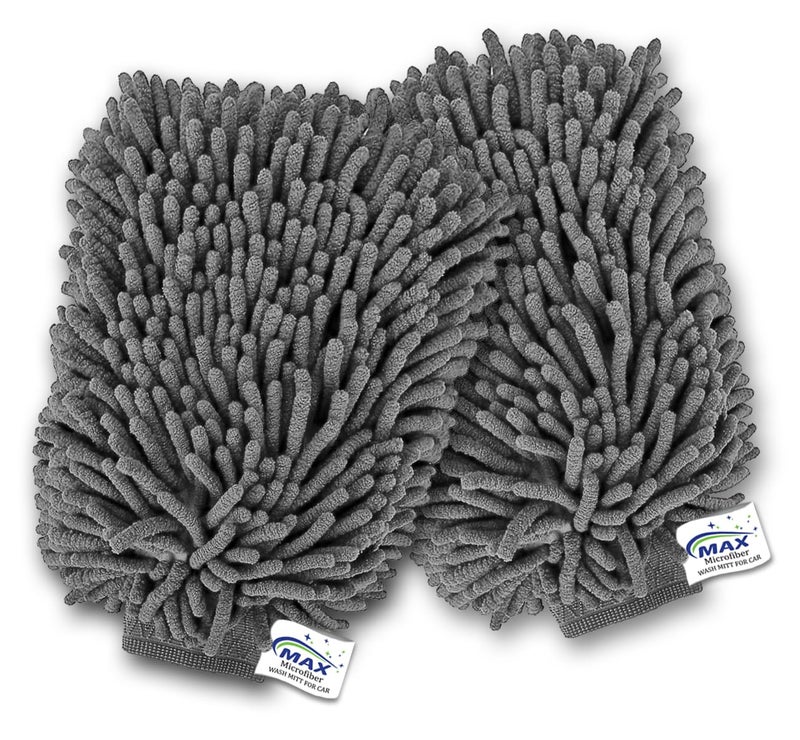MAX Microfiber Car Wash Chenille Mitt Gloves (2 Pcs, 2400 GSM, XL Size 26x19 cm, Grey) Double Sided, Super Absorbent Gloves for Cleaning, Washing and Dusting Car, Home, Kitchen and Office - Image 1