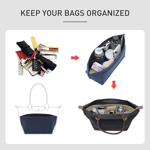 OAikor Purse Organizer Insert Compatible with Longchamp Le Pliage Large and More, Felt Zipper Bag Organizer Insert with Cup Holder for Tote Handbags, 8 Compartments (Blue,L) - Image 4