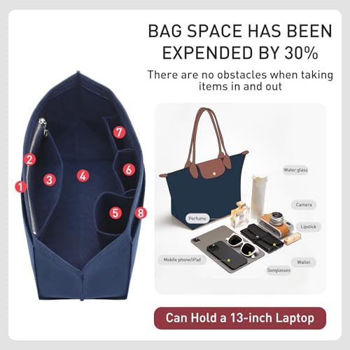 OAikor Purse Organizer Insert Compatible with Longchamp Le Pliage Large and More, Felt Zipper Bag Organizer Insert with Cup Holder for Tote Handbags, 8 Compartments (Blue,L) - Image 3