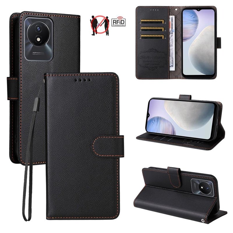 erorex For vivo Y02 / Y02A / Y02t / Y11 2023 Litchi Texture RFID Blocking 3-Card Wallet Leather Phone Case(Black) - Image 1