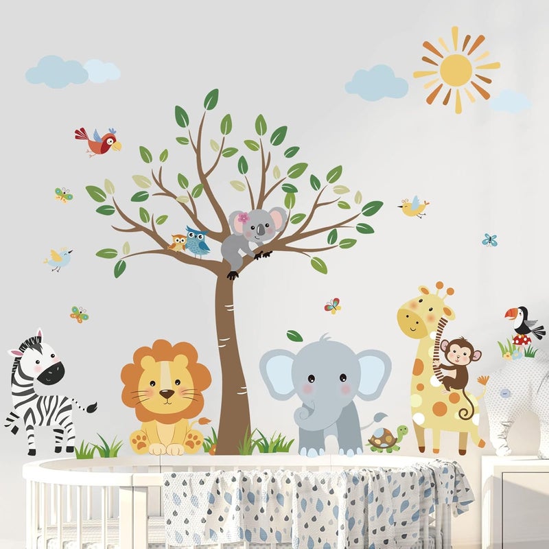 decalmile Forest Baby Animals Wall Decals Elephant Lion Giraffe Wall Stickers Baby Nursery Kids Room Daycare Wall Decor - Image 1