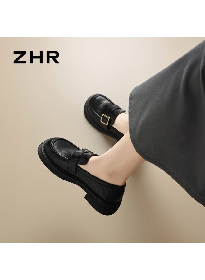 Zhr Zez English Style Women's Loafers  New College Style Thick Sole Leather Platform Shoes Ab195 Black Size 39 - Image 2