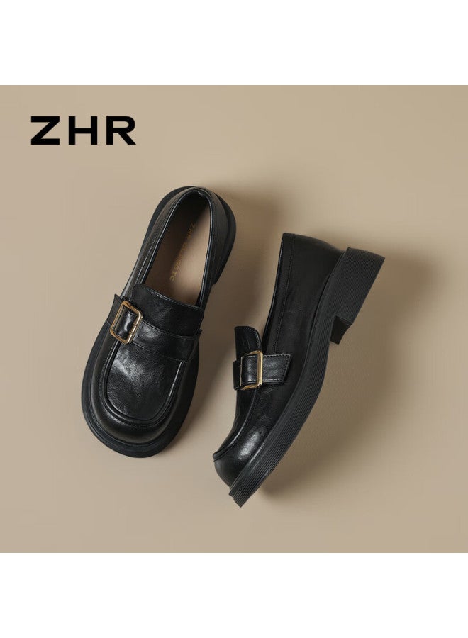 Zhr Zez English Style Women's Loafers  New College Style Thick Sole Leather Platform Shoes Ab195 Black Size 39 - Image 5