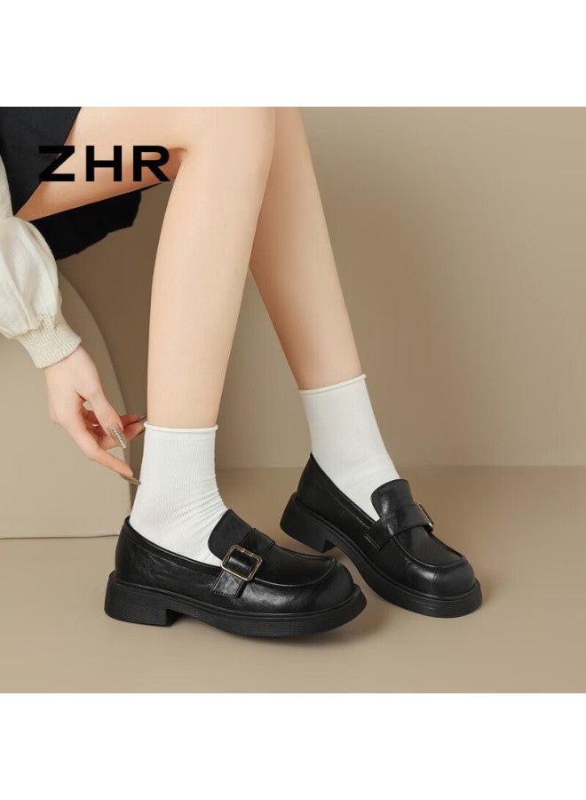 Zhr Zez English Style Women's Loafers  New College Style Thick Sole Leather Platform Shoes Ab195 Black Size 39 - Image 4