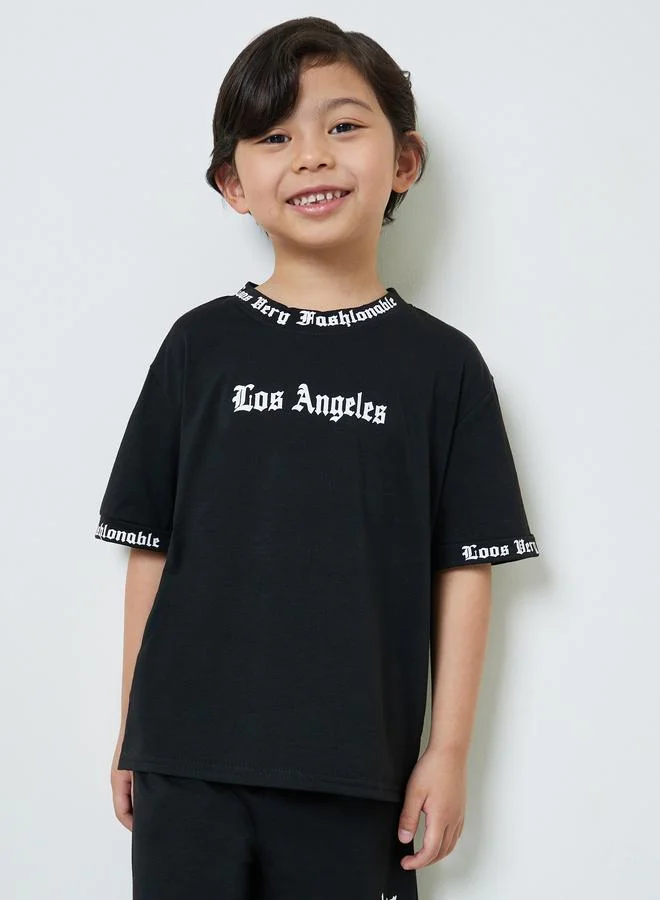Styli Boys Black Slogan Print T-Shirt and Shorts Set