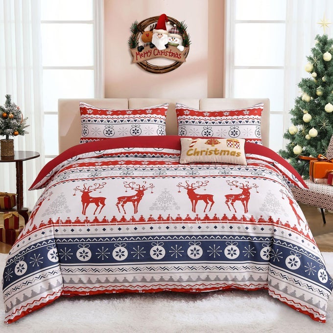 CHRISTMAS DUVET COVER SET QUEEN SIZE 3 PIECESBLUE STRIPED REINDEER SNOWFLAKE COMFORTER COVERFESTIVAL THEMED POLYESTER BEDDING SET WITH 2 PILLOW SHAMS