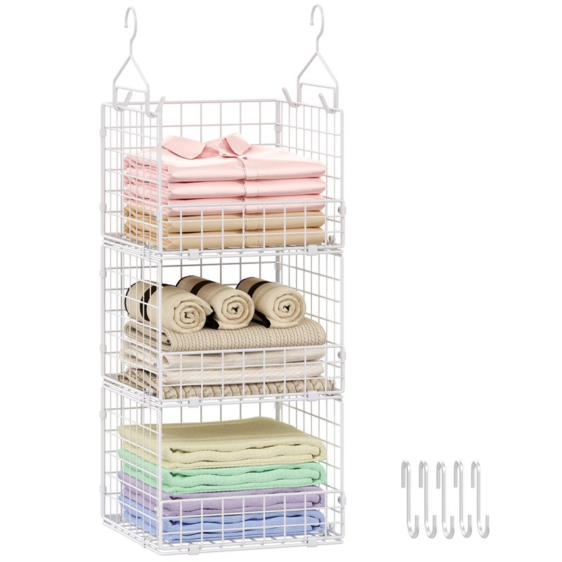 Sonyabecca 3-Tier Hanging Closet Organizer with 5 S Hooks, Closet Shelves for Clothes, Shoes, Handbags, Accessories, Hanging Basket, Closet Storage, Closet System, Closet Organizers and Storage - Image 1