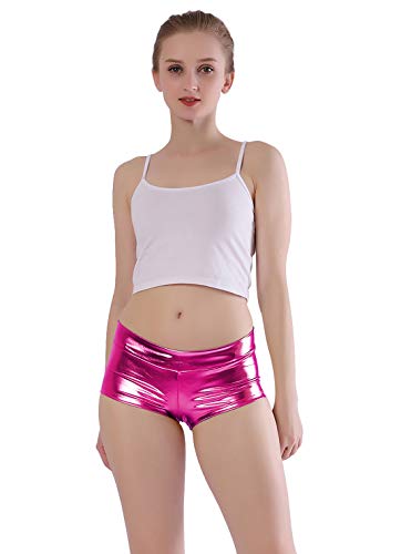 Kepblom Women's Shiny Metallic Rave Booty Shorts Hot Pants Dance Bottoms (Hot Pink, Small) - Image 2