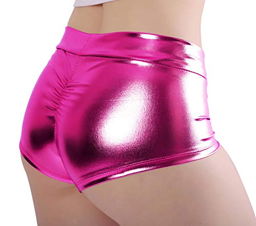 Kepblom Women's Shiny Metallic Rave Booty Shorts Hot Pants Dance Bottoms (Hot Pink, Small) - Image 3