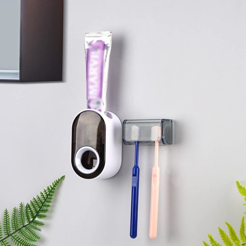 LUEXBOX Toothbrush Holder Wall Mounted with Cover for Bathroom, 2 Slots Toothbrush Storage Organizer for Shower, Self Adhesive Toothbrush Hanger with Automatic Toothpaste Squeezer Dispenser - Image 1