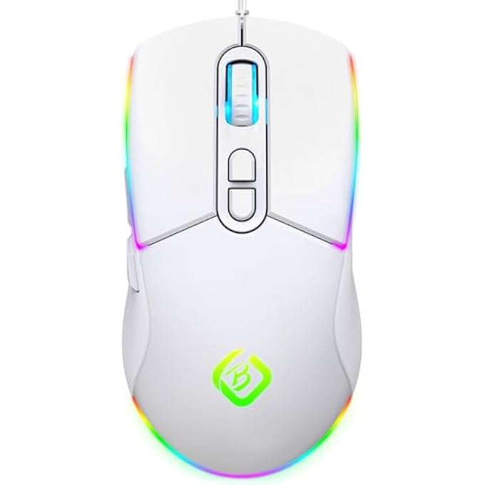 B. GAMING MOUSE, WIRED GAMING MOUSE WITH RGB BACKLIT, 7200 DPI ADJUSTABLE, COMPUTER MOUSE WITH 6 BUTTONS, ERGONOMIC GAMER OPTICAL MOUSE FOR PC, MAC, LAPTOP (WHITE) - Image 1