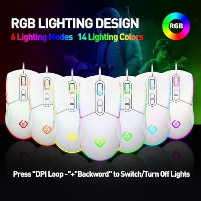 B. GAMING MOUSE, WIRED GAMING MOUSE WITH RGB BACKLIT, 7200 DPI ADJUSTABLE, COMPUTER MOUSE WITH 6 BUTTONS, ERGONOMIC GAMER OPTICAL MOUSE FOR PC, MAC, LAPTOP (WHITE) - Image 3