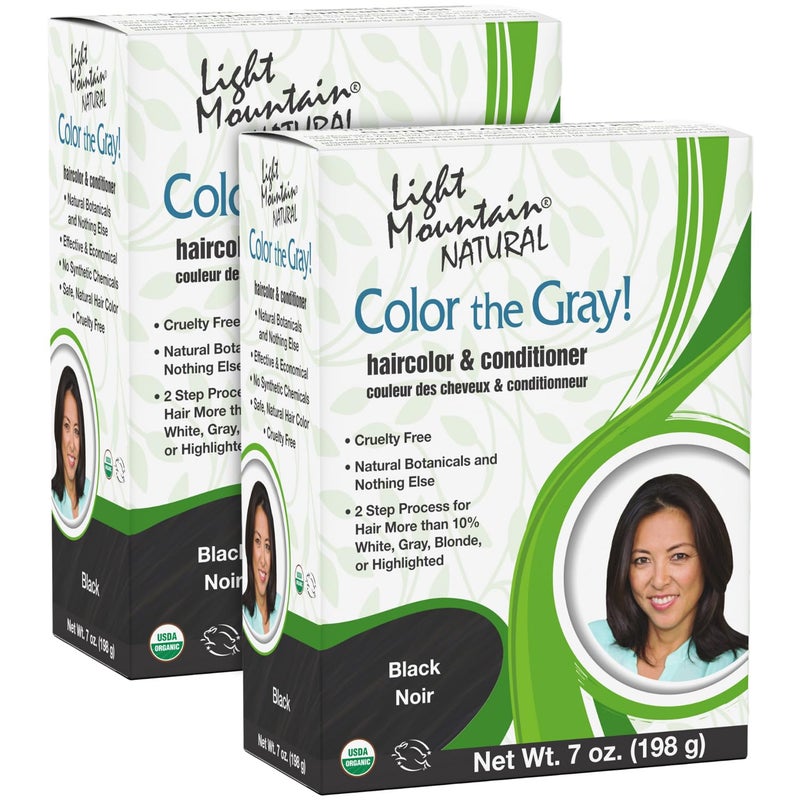 Light Mountain لون الشعر بالحناء من لايت ماونتن وبلسم، صبغ الشعر الرمادي - صبغة شعر سوداء للرجال/النساء، خالية من المواد الكيميائية، لون شعر شبه دائم للشعر الأبيض والرمادي والشعر الأشقر، 7 أونصات (عبوة من 2) - Image 1