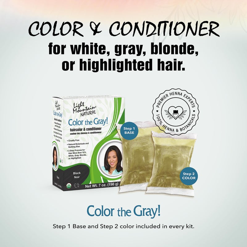 Light Mountain لون الشعر بالحناء من لايت ماونتن وبلسم، صبغ الشعر الرمادي - صبغة شعر سوداء للرجال/النساء، خالية من المواد الكيميائية، لون شعر شبه دائم للشعر الأبيض والرمادي والشعر الأشقر، 7 أونصات (عبوة من 2) - Image 2