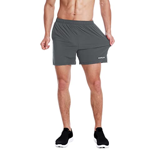 EZRUN Men's 5 Inches Running Workout Shorts Quick Dry Lightweight Athletic Shorts with Liner Zipper Pockets,Grey,M - Image 2