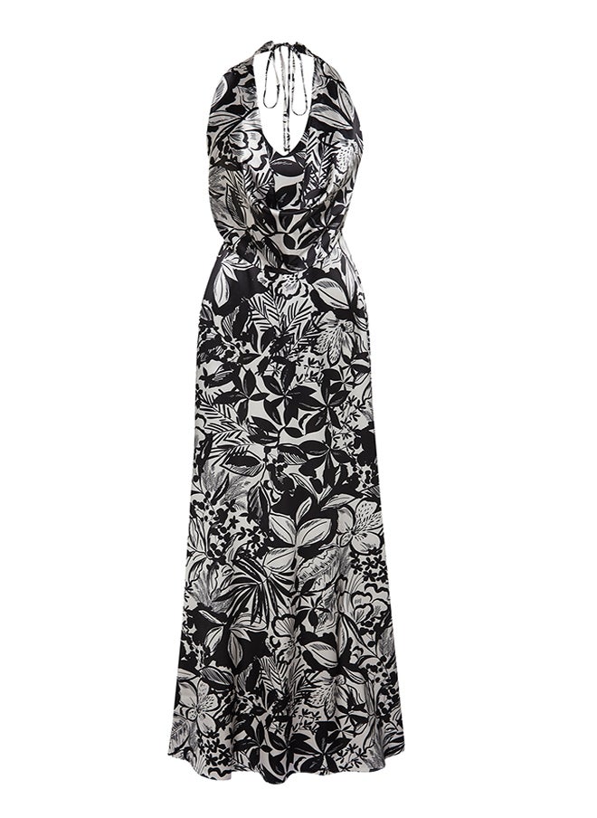 Multi Color Flower Pattern Degaje Collar Woven Satin Long Evening Dress TPRSS24AE00002