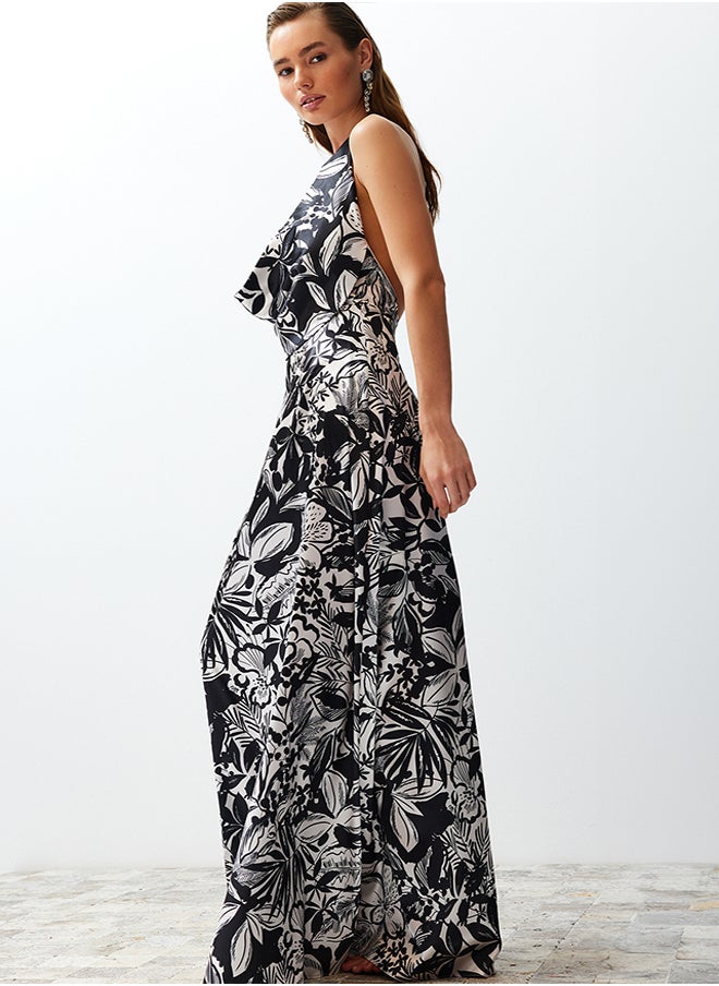 Multi Color Flower Pattern Degaje Collar Woven Satin Long Evening Dress TPRSS24AE00002