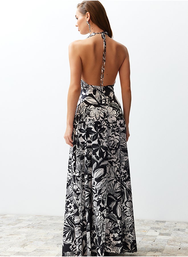 Multi Color Flower Pattern Degaje Collar Woven Satin Long Evening Dress TPRSS24AE00002