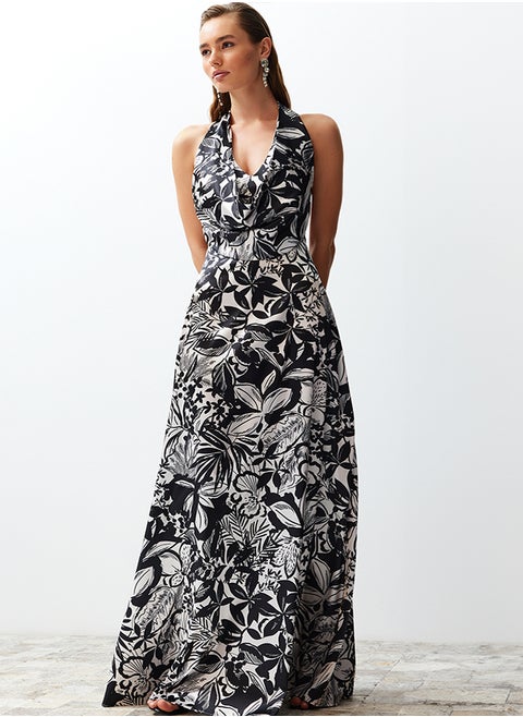 Multi Color Flower Pattern Degaje Collar Woven Satin Long Evening Dress TPRSS24AE00002