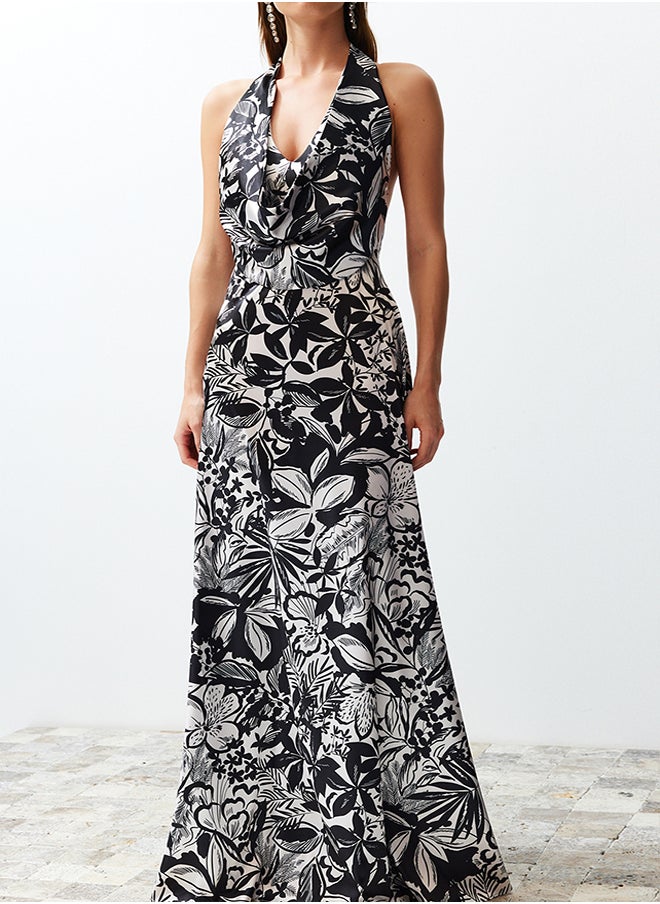 Multi Color Flower Pattern Degaje Collar Woven Satin Long Evening Dress TPRSS24AE00002