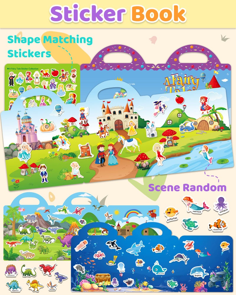 Benresive Reusable Sticker Books for Kids 2-4, Sticker Books for Toddlers 1-3, Toddler Sticker Book Age 2-4, Toddler Travel Toys Activities Crafts Gifts - Ocean, Fairy and Dinosaur - Image 2