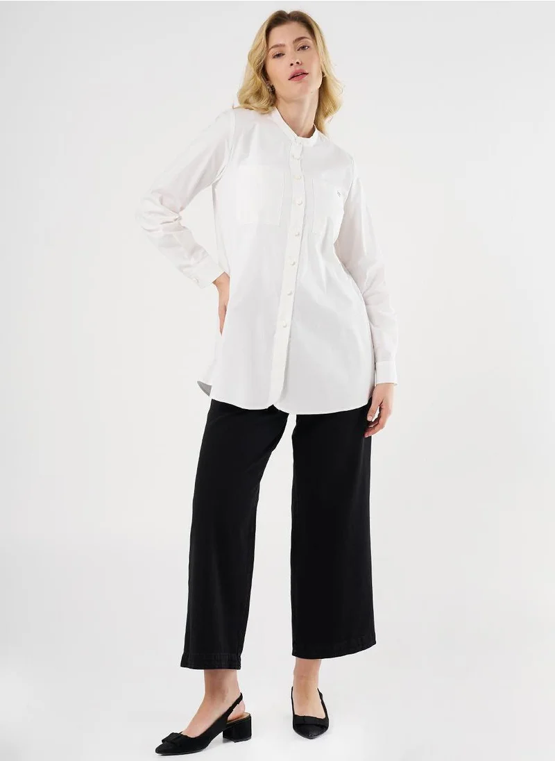 Kayra Mandarin Collar Poplin Tunic in Ecru