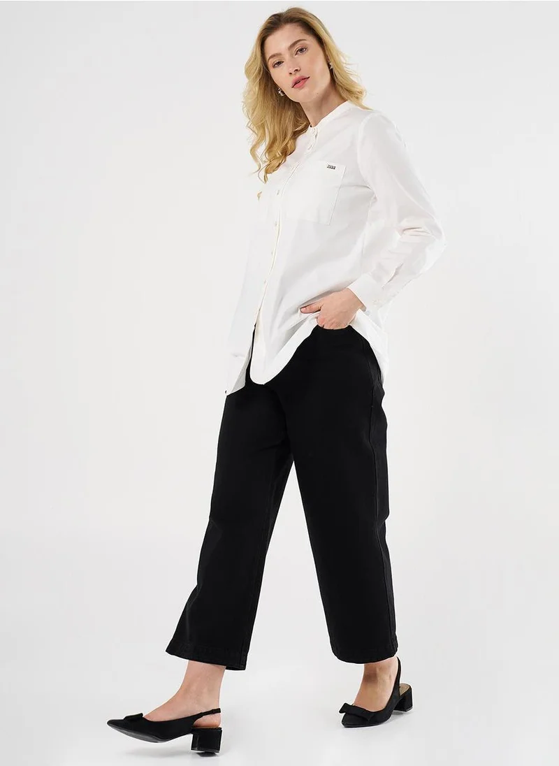 Kayra Mandarin Collar Poplin Tunic in Ecru