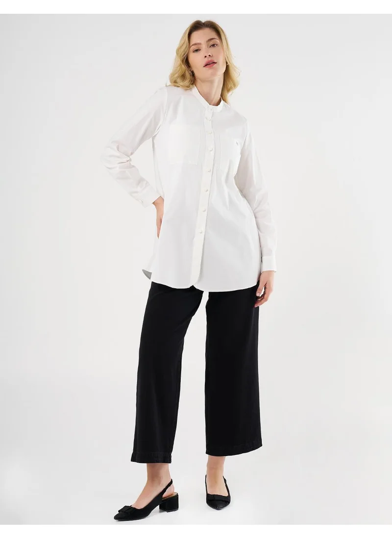 Kayra Mandarin Collar Poplin Tunic in Ecru