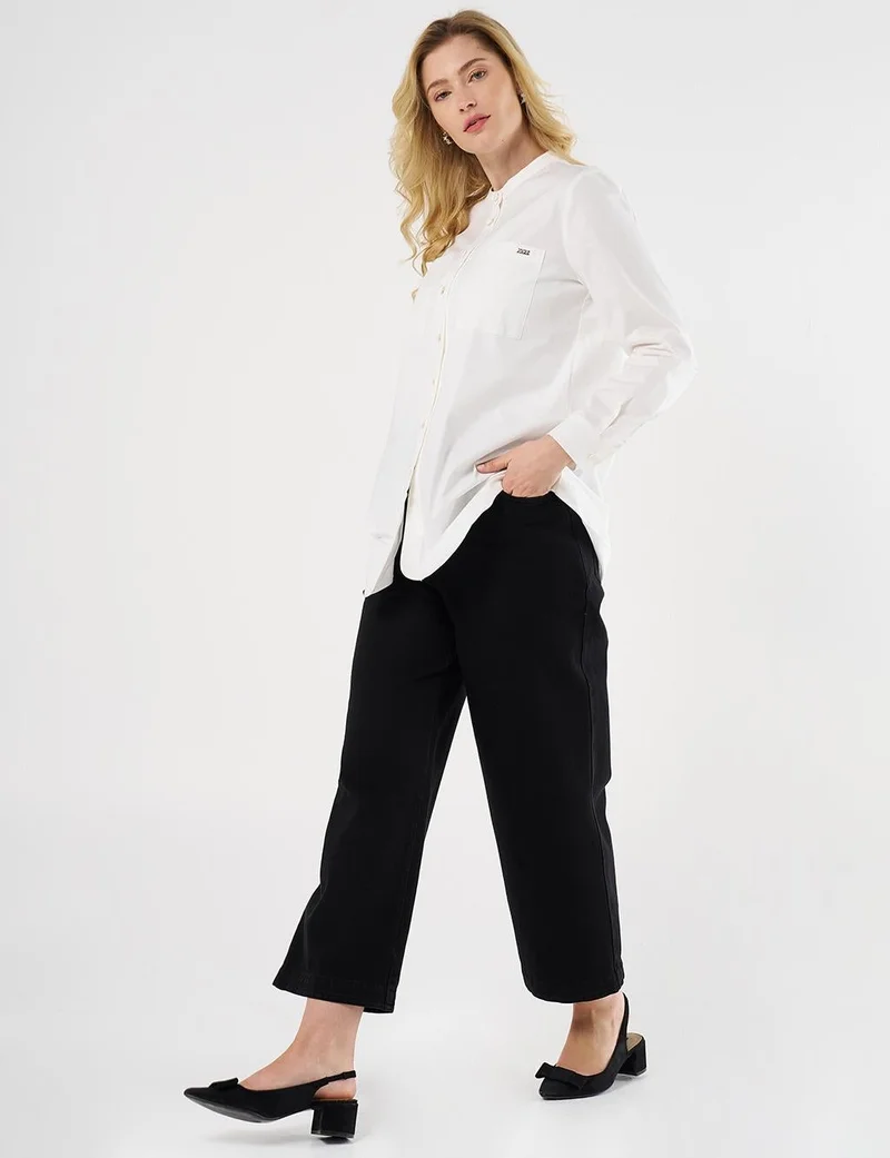 Kayra Mandarin Collar Poplin Tunic in Ecru