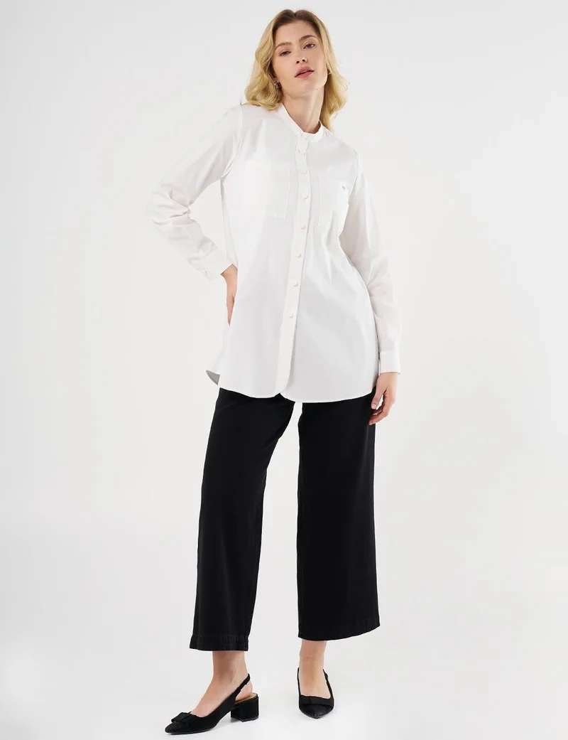 Kayra Mandarin Collar Poplin Tunic in Ecru