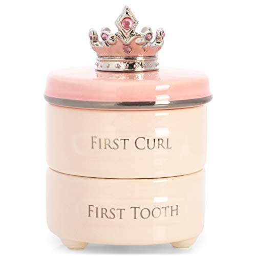 DEMDACO First Tooth and Curl Pink Ceramic Stoneware Children's Stackable Keepsake Box, 1 Count (Pack of 1) - Image 1