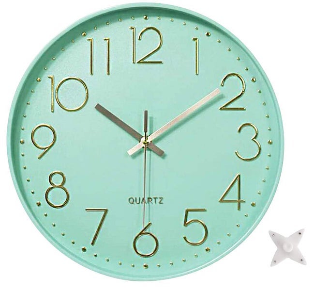 12 IN WALL CLOCK NONTICKING QUARTZ SILENT BATTERY OPERATED ROUND CLOCKS HOME KITCHEN OFFICE SCHOOL LIVING ROOM DECOR CLOCKS MINT GREEN