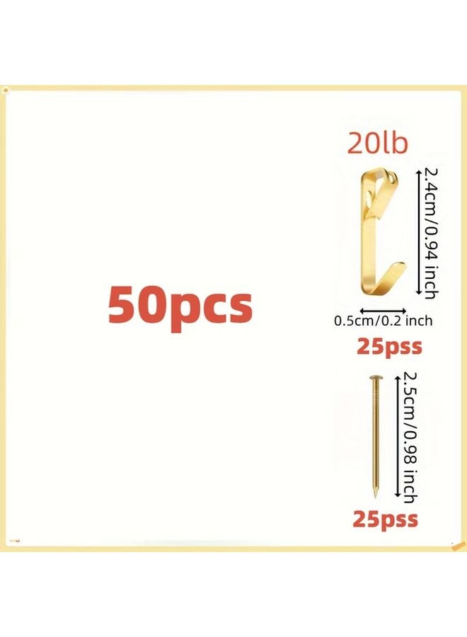 50 Pcs Golden Picture Hanging Kit With Nails For Dry Wall And Wooden Wall Metal Bolt On - Image 1