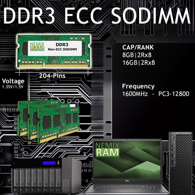 نيميكس رام ذاكرة سعة 16 جيجابايت (2×8 جيجابايت) من نوع DDR3 بتردد 1600 ميجاهرتز PC3-12800 SODIMM كمجموعة متوافقة كبديل لذاكرة Synology Rackstation RS1219+ وRS818RP+ وRS818+ وDiskstation DS1817+ وDS1517+ وذاكرة RAM1600DDR3L-8GBX2 NAS - Image 2