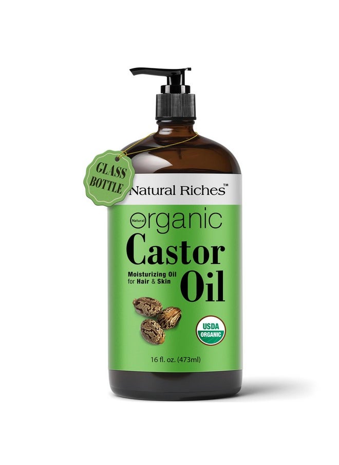 Natural Riches Natural Riches Organic Unrefined Castor Oil Cold pressed Glass Bottle USDA certified for Dry Skin Hair Loss Dandruff Thicker Hair - Moisturizes heals Scalp Skin Thicker Eyelashes Eyebrows 16 fl oz  - Image 1