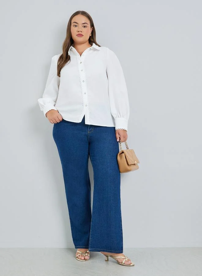 Styli Plus Size Women Off-White Lace Trim Shirt