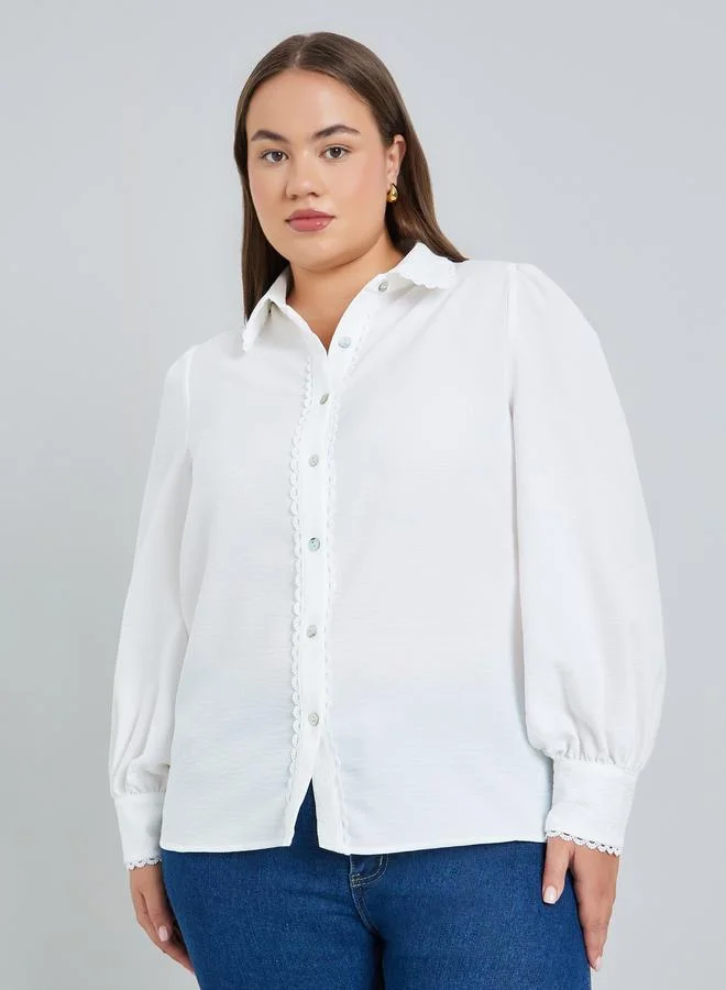Styli Plus Size Women Off-White Lace Trim Shirt