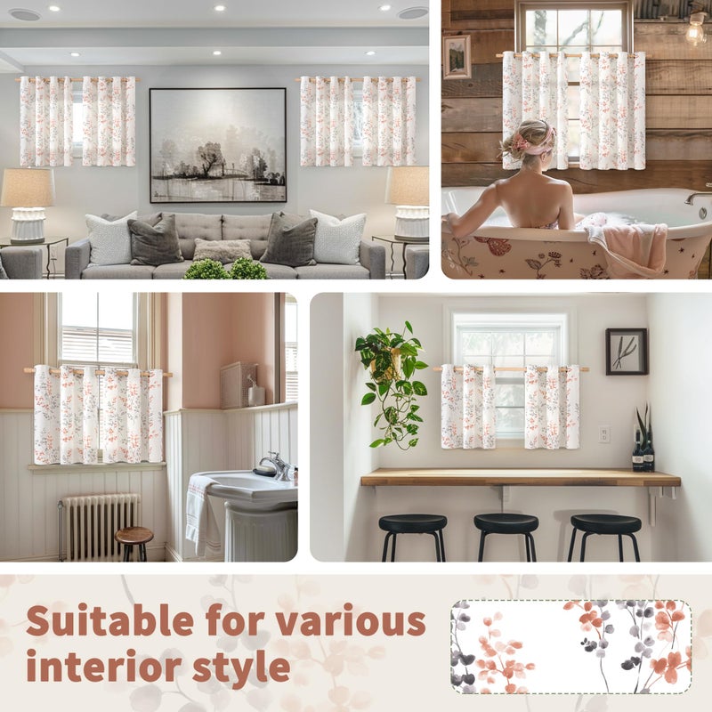 BGment Short Linen Kitchen Curtains 36 Inch Length 2 Panels Set  Boho Tier Curtains  Half Window Cafe Curtains for Dining Room Farmhouse Bathroom  Print Leaf Design  Each 42 Inch Wide  Terracotta - Image 2