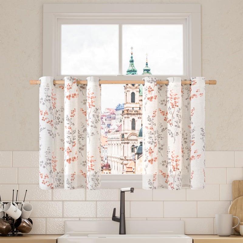 BGment Short Linen Kitchen Curtains 36 Inch Length 2 Panels Set  Boho Tier Curtains  Half Window Cafe Curtains for Dining Room Farmhouse Bathroom  Print Leaf Design  Each 42 Inch Wide  Terracotta - Image 1