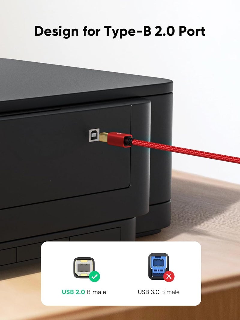 كابل كابل كرييشن USB B إلى USB C 6.6 قدم للطابعة، كابل MIDI إلى USB C، كابل طابعة نايلون من النوع C إلى النوع B 2.0 لأجهزة MacBook و iPad وبيانو ياماها ولوحة مفاتيح MIDI وجهاز تحكم DJ و DAC، 2 متر/79 بوصة، أحمر - Image 4