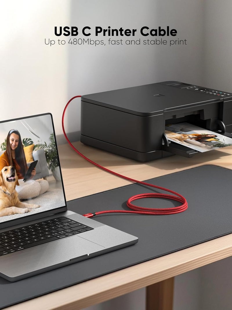 كابل كابل كرييشن USB B إلى USB C 6.6 قدم للطابعة، كابل MIDI إلى USB C، كابل طابعة نايلون من النوع C إلى النوع B 2.0 لأجهزة MacBook و iPad وبيانو ياماها ولوحة مفاتيح MIDI وجهاز تحكم DJ و DAC، 2 متر/79 بوصة، أحمر - Image 2