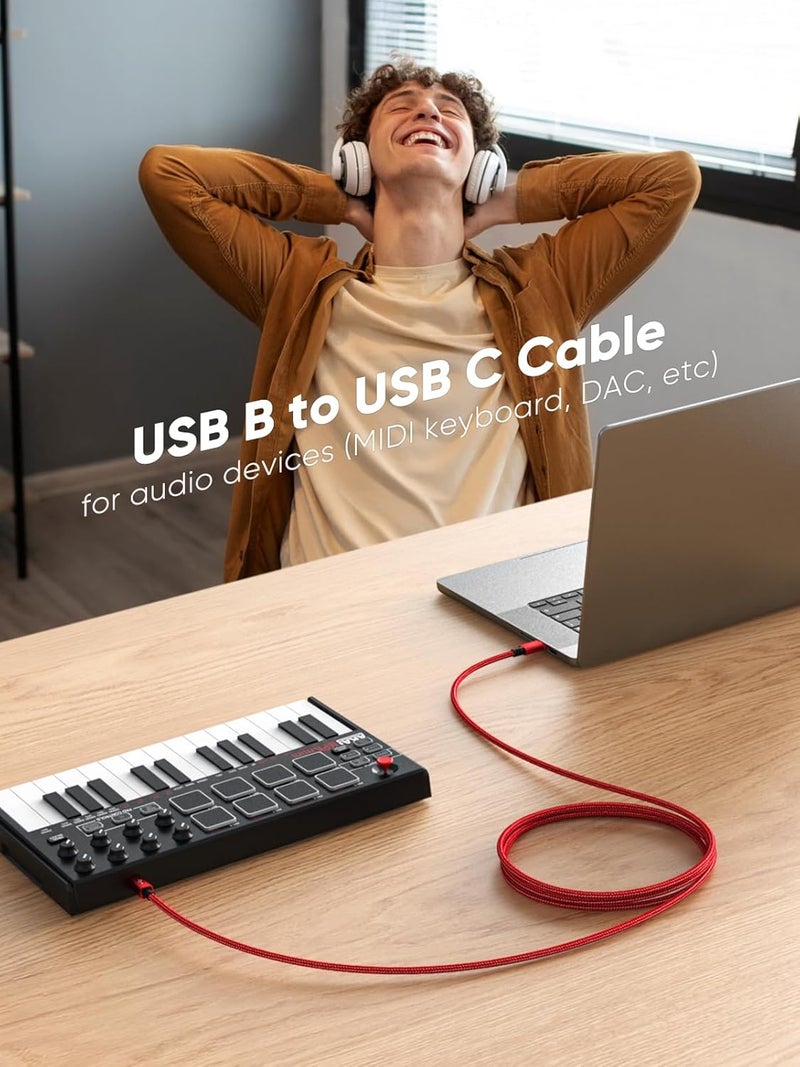 كابل كابل كرييشن USB B إلى USB C 6.6 قدم للطابعة، كابل MIDI إلى USB C، كابل طابعة نايلون من النوع C إلى النوع B 2.0 لأجهزة MacBook و iPad وبيانو ياماها ولوحة مفاتيح MIDI وجهاز تحكم DJ و DAC، 2 متر/79 بوصة، أحمر - Image 3